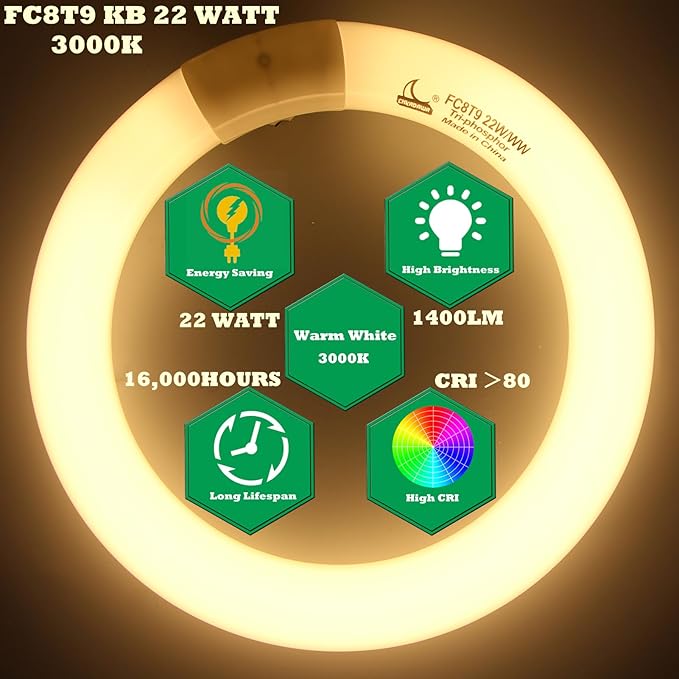 FC8T9/KB 22W Round Light Bulb, 8 Inch T9 22 Watt Circular Fluorescent Light Bulbs, Replacement Circline Fluorescent Lamp, Warm White 3000K 1400 Lumens, G10q 4 Pin Prong, 2 Pack