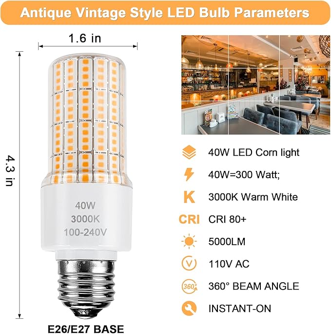 40W Led Corn Light Bulb(300W Equivalent) 5000lm 3000K Warm White E26/E27 Base Ceiling Fan Led Light Bulbs for Garage Backyard Warehouse Indoor Outdoor Led Corn Bulb