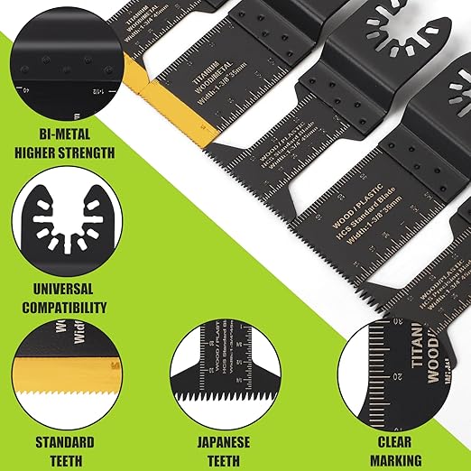 COMOWARE 28Pcs 5-Type Ti-Coated High-Carbon Steel Oscillating Blades, 2" Cut Depth for Metal/Wood/Plastic, Universal Multi-Tool Durable Blades Kit