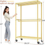 Raybee Clothing Rack with Wheels,Clothes Rack for Hanging Clothes,Portable Closet,2 Shelves,Yellow