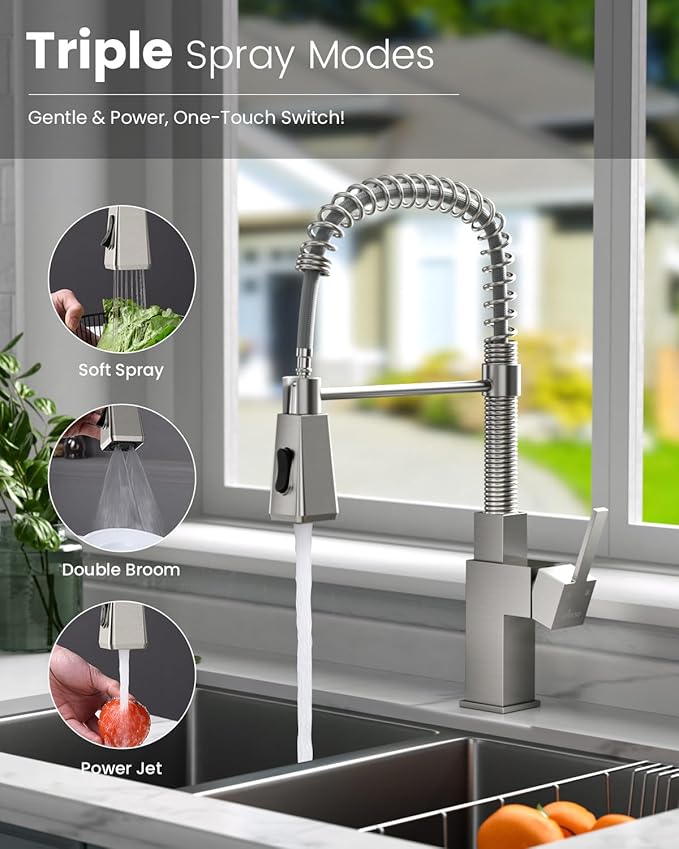 APPASO Square Kitchen Faucets with Pull Down Sprayer, 3 Modes SUS304 Stainless Steel Faucet for Kitchen Sink, Single Handle Kitchen Sink Faucet, Brushed Nickel