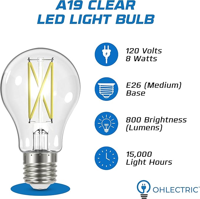OHLECTRIC A19 LED Light Bulb (2-Pack) 8 Watt (60W Equivalent) E26 Medium Base, Dimmable, 800 Lumens, 2700K, Soft White, 120 Volt, Clear Light Bulbs, Long Life 15,000 Hours, Flicker-Free Bulbs LED