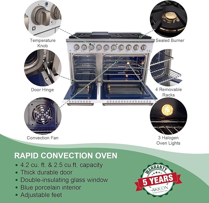 Akicon 48 Inch Freestanding Gas Range - 6.7 cu. ft. Double Rapid Convection Oven - Gas Stove with 8 Sealed Burners & a Griddle, Heavy Duty Cast Iron Grates (Copper & Stainless Steel)