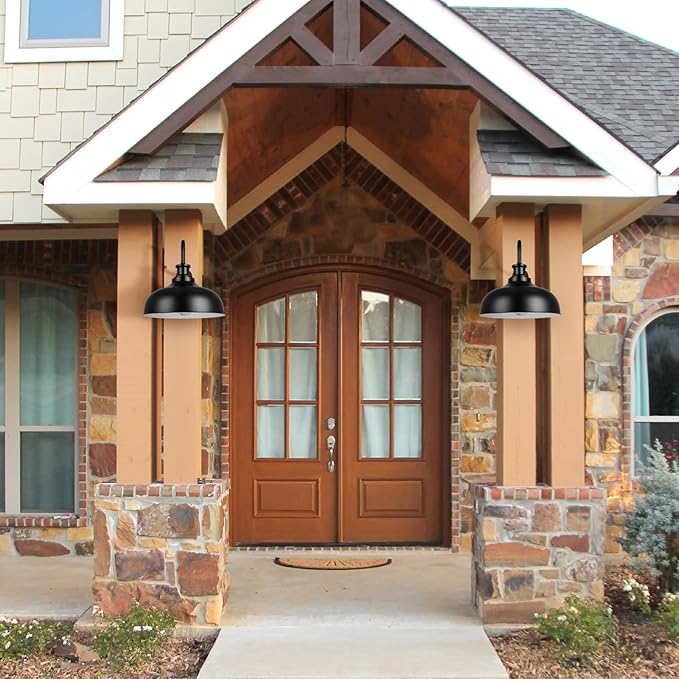 Dusk to Dawn Outdoor Gooseneck Barn Light,16 Inch Dome Outdoor Wall Sconce Farmhouse Exterior Wall Mount Light Vintage Wall Lighting Fixture Industrial Black Wall Lantern for Porch, 2 Pack