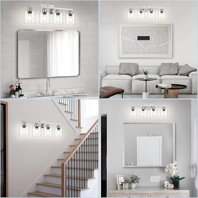 Modern Brushed Nickel 4 Light Bathroom Light Fixtures, 24 inch Vanity Lights for Bathroom with Clear Glass for Mirror Kitchen Living Room Hallway Cabinet Porch