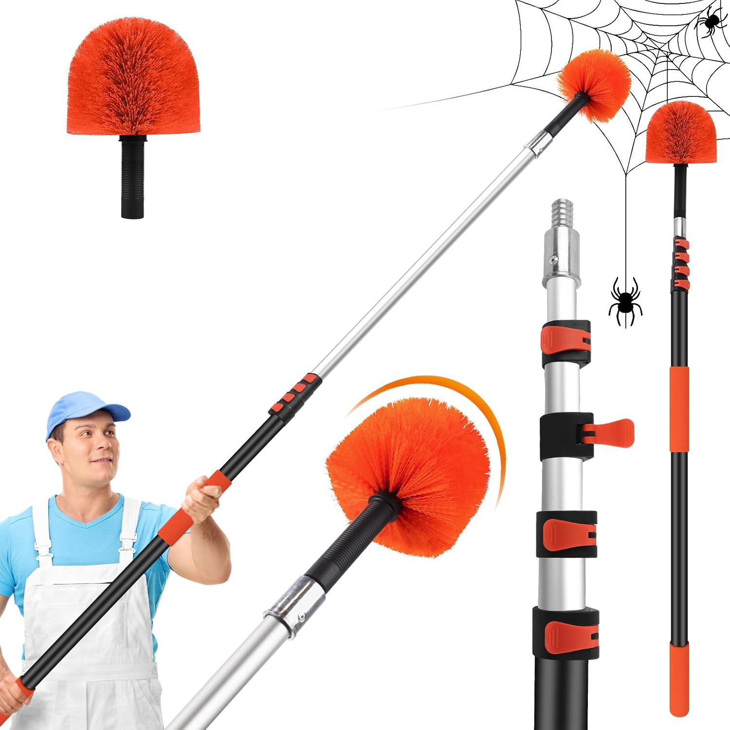 26 FT Cobweb Duster with Extension Pole,Spider Web Brush with Pole Extend 5-20FT,Spiderweb Cleaner with 4-Stage Telescopic Aluminum Pole,Spider Brush Cobweb for Outdoor & Indoor Cleaning