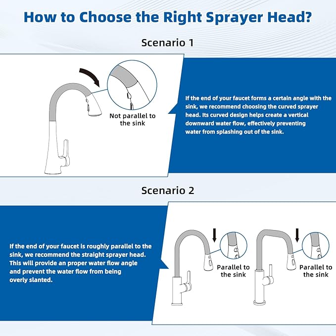 Hibbent Curved Pull Down Kitchen Faucet Head Replacement, 3-Function Kitchen Sink Spray Nozzle with 14 Adapters, Anti-Splash, Compatible with Kohler Bent Faucets, Chrome