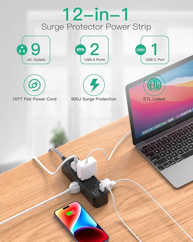 Mifaso Extension Cord, Surge Protector Power Strip, Long Extension Cord with 9 Outlets 3 USB Ports, Extension Cord with Multiple Outlets, USB Power Strip for Dorm Room Essentials, College(10FT, Black)