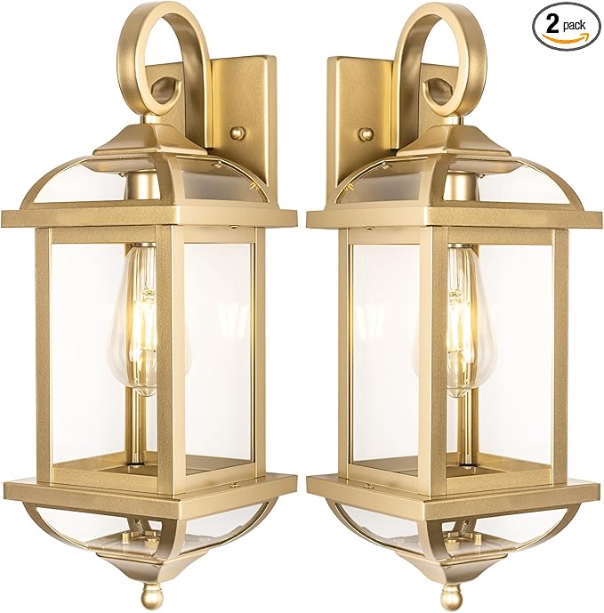 2-Pack 18” Gold Light Fixtures Outdoor Wall Lights Exterior Lanterns, Brass Porch Lights Outside Anti-Rust Aluminum Patio Lights for House Clear Glass Wall Mount Lighting, IP65 Waterproof