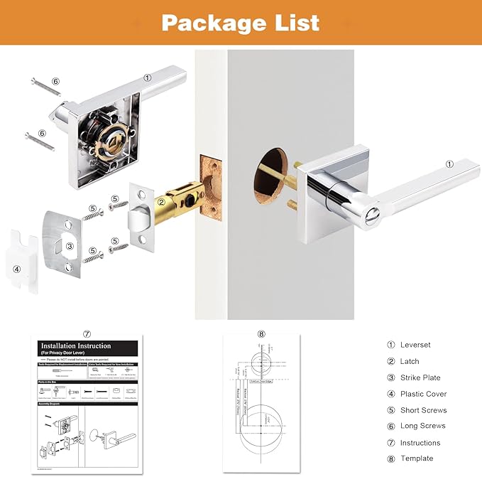 Probrico Polished Chrome Privacy Door Handle Lockset Heavy Duty Square Interior Door Lever for Bedroom or Bathroom Reversible Keyless Handleset Door Knob Slim Handed Levers, 2 Pack