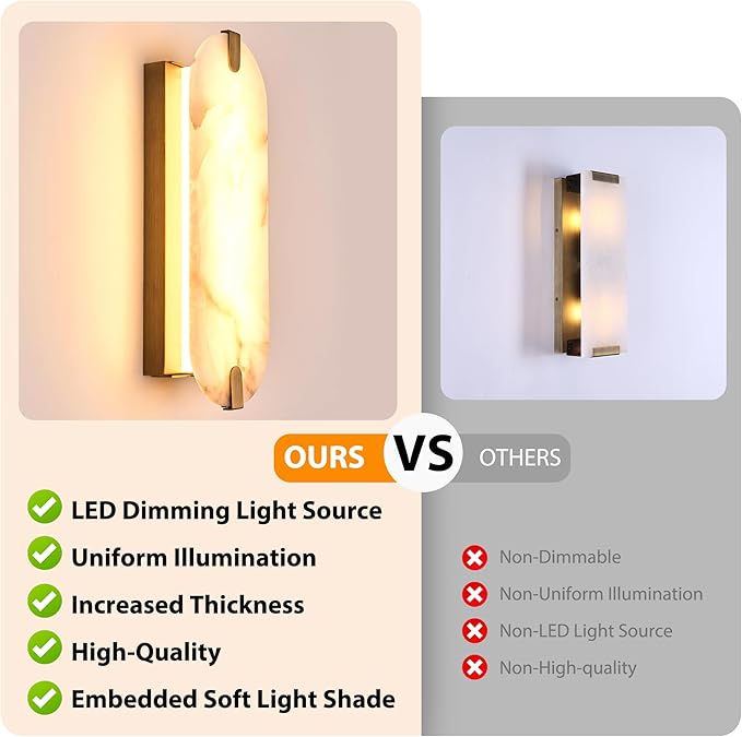 ZEROUNO Alabaster Wall Sconces, 14.2 inch Wall Sconce, Natural Marble Wall Sconces Wall Lighting Set of Two, Dimmable Light Fixtures for Bedroom Living Room Stairs Vanity Hallway Bedside