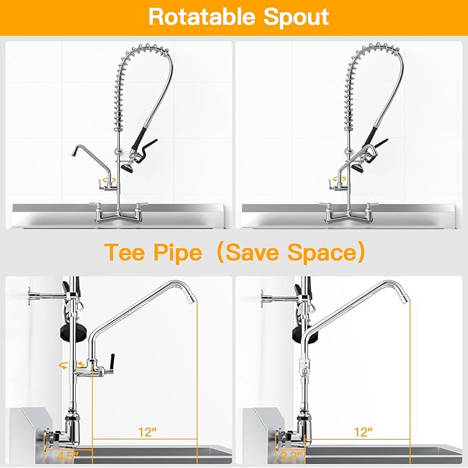 Commercial Sink Faucet with Sprayer 36"Height 8"Center Brass Constructed Wall Mount Commercial Kitchen Faucet with Pull Down Pre-Rinse Sprayer and 12" Swing Spout for 2/3 Compartment Sink(36")