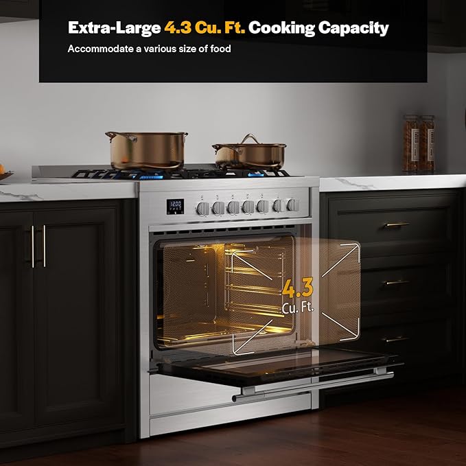 Empava Gas Range, 4.3 Cu. Ft Convection Oven with Touch Timer, 5 Deep Recessed Burners Cooktop, Heavy Duty Continuous Grates in Stainless Steel, Freestanding & Slide-in Stove,36 Inch