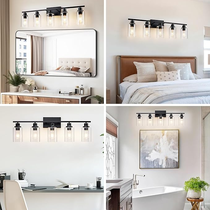 5 Light Bathroom Light Fixtures Black Vanity Light Over Mirror Modern Farmhouse Wall Lighting Sconces Wall Lamp for Bathroom, Bedroom, Living Room E26 Socket with Glass Shade
