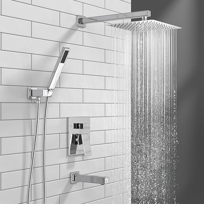 Lava Odoro Modern 3-Setting Square Shower and Tub Faucet Set with Shower Head and Handheld Sprayer Chrome, Rainfall Shower System with Tub Spout, Shower Valve Trim Kit, Chrome, SF103-C-T