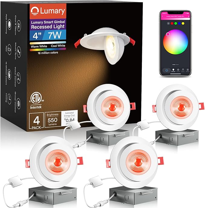 Lumary 4 Inch Smart Recessed Lighting, 360°+90° Adjustable Gimbal Light, COB Color Changing LED Ceiling Lights, 7W Eyeball Soffit Downlights, Work with Alexa/Google Assistant, ETL-Listed, 4 Pack