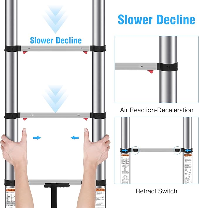 10.5 FT Stainless Steel Telescoping Ladders - One-Button Retraction Collapsible Extension Ladder for Home,RV,Attic,Lasts 375 LBS with Balance Bar and Wheels
