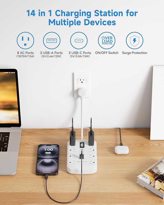 Short Extension Cord 1 ft, Small Power Strip Flat Outlet Extender Surge Protector with 8 AC Outlets 6 USB (5V/4.8A 24W), Mini Extension Cord Flat Wall Plug for Home Office Dorm Kitchen Bathroom