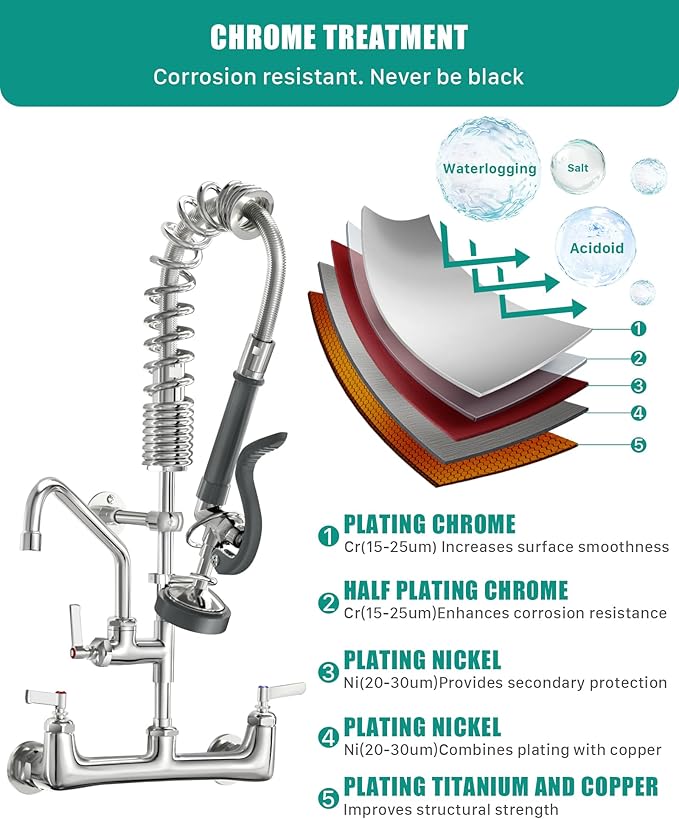 Commercial Faucet with Sprayer 21" Height 8" Center Wall Mount Kitchen Sink Faucet Brass Constructed Polished Chrome Pre-Rinse Device with Coilded Spring and 10" Add-on Spout