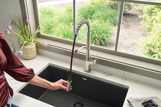 Ruvati Seneca Stainless Steel Single Handle Pull Down Kitchen Faucet Modern Sharp Style with Pre-Rinse Sprayer - RVF1236BN