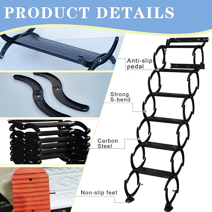 6 Steps Wall Mounted Attic Ladder, Indoor Attic Stairs Pull Down System, Metal Telescoping Step Ladders, Anti-slip Retractable Folding Stair, Loft Extension Steps Staircase for Garages(black, 6 Steps)