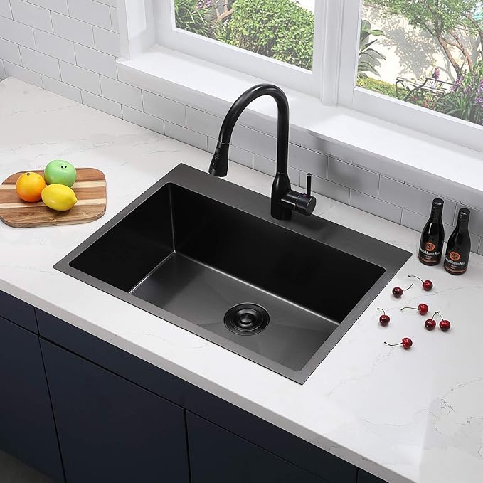 SHACO 28 Inch Black Drop In Stainless Steel Kitchen Sink, Gunmetal Black Top Mount RV Laundry Utility 9 Inch Deep Single Bowl Basin Wet Bar Prep Sink