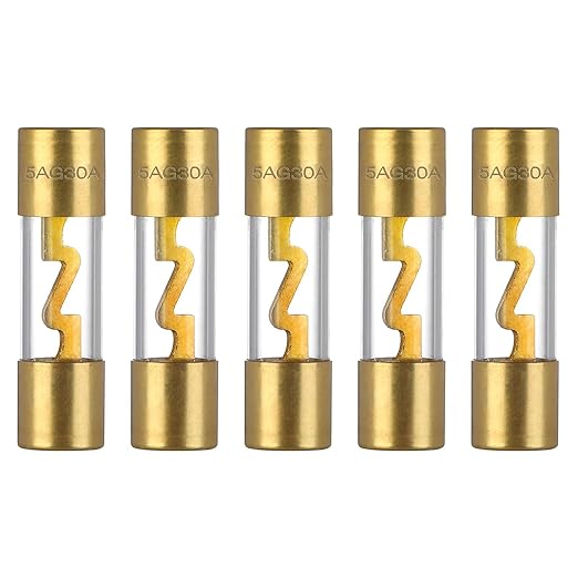 30A AGU Fuse 30 Amp Gold Plated Glass Inline Automobile Audio Fuses for Car Auto Stereo Amplifier Safety Power Protection 12V (Pack of 5 Pcs)