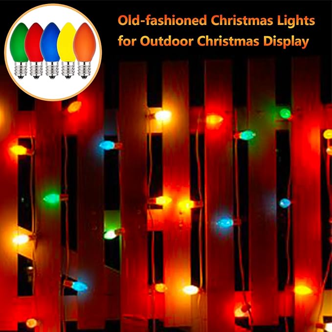 C7 Multicolor Christmas Light Bulbs, 25 Pack C7 Multicolor Ceramic Replacement Bulbs Vintage Incandescent Light Bulb for Christmas String Lights, E12 Candelabra Base- 5 Watts