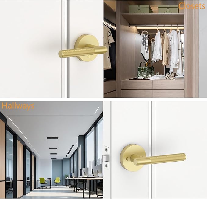 Amerdeco 3 Pack Brushed Gold Passage Door Handles,Heavy Duty Non-Locking Door Lever for Hall, Closet,Office Area, Shopping Malls AM0016