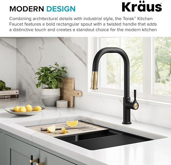 KRAUS Torak Pull Down Kitchen Faucet in Spot-Free Brushed Brass/Matte Black with 2 Function Sprayer, Pre-Attached Water Lines, and Mounting Hardware, KPF-2841SFBBMB