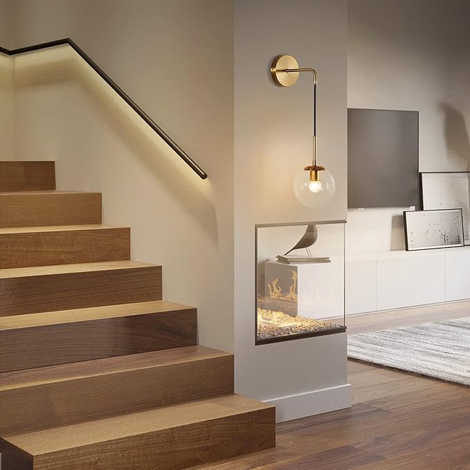 KCO Modern Glass Globe Wall Sconce Set of Two Minimalist Gold Wall Light Fixture with Adjustable Cord Brass Round Glass Wall Mounted Reading Lamp (Clear-2PC)