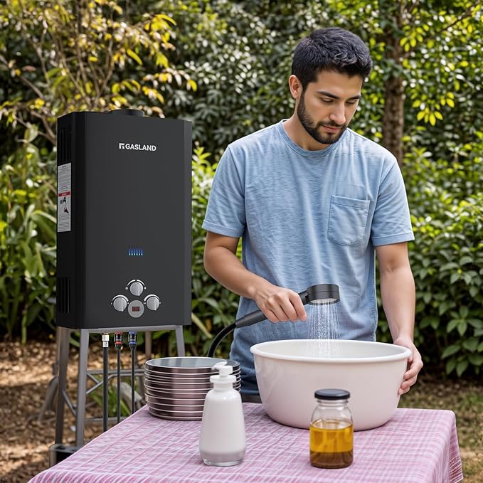 GASLAND 2.64 GPM Tankless Water Heater Propane with Pump Set, Outdoor On Demand Hot Water Heater for Camping Shower, Off Grid Outdoor Shower, 10L, BE264BQ120