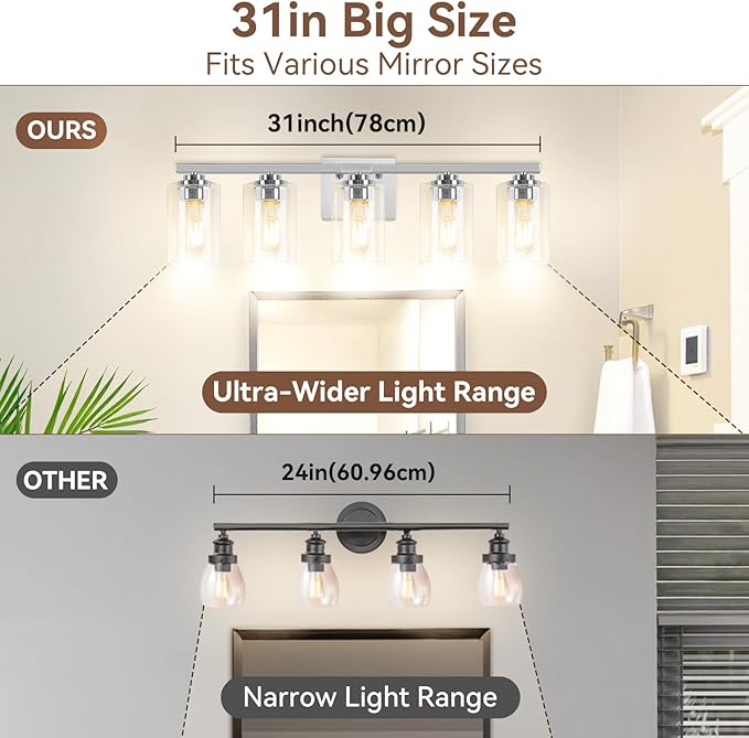 5-Light Bathroom Light Fixtures, 31" Modern Vanity Lights Over Mirror with Clear Glass Shades, Brushed Nickel Light Fixture, Classic Wall Light Fixture for Mirror Living Room Cabinet Bedroom Porch