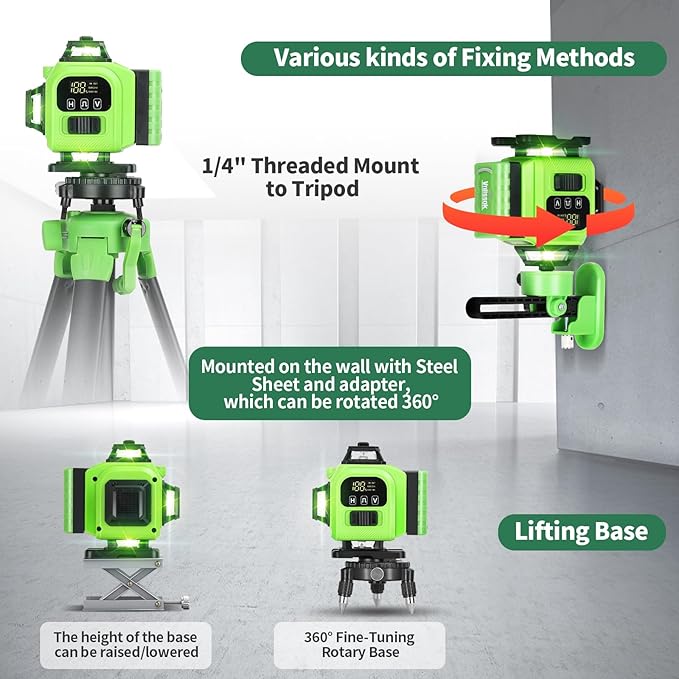16 Line Laser Level 360 Self Leveling, 4x360°Professional 4D Green Cross Line laser Level with 2 Batteries,for Construction and Picture Hanging, Horizontal Line leveler Tool (Green)