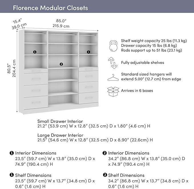 Bestar 85W x 16D Modular Closet Organizer System, Reach-in or Walk-in Closet with Shelves and Drawers, Slab Style, Florence Collection, White