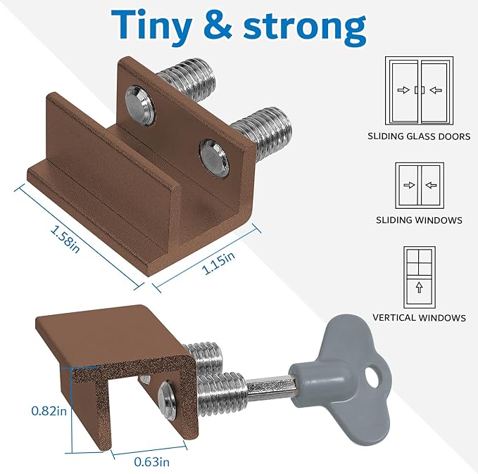 Window Locks for Sliding Windows - Sliding Window Lock Security with Keys - Adjustable Sliding Door Lock - Without Drilling Easv to Install Child Locks for Sliding Door,Patio Door(8 Sets Brown)