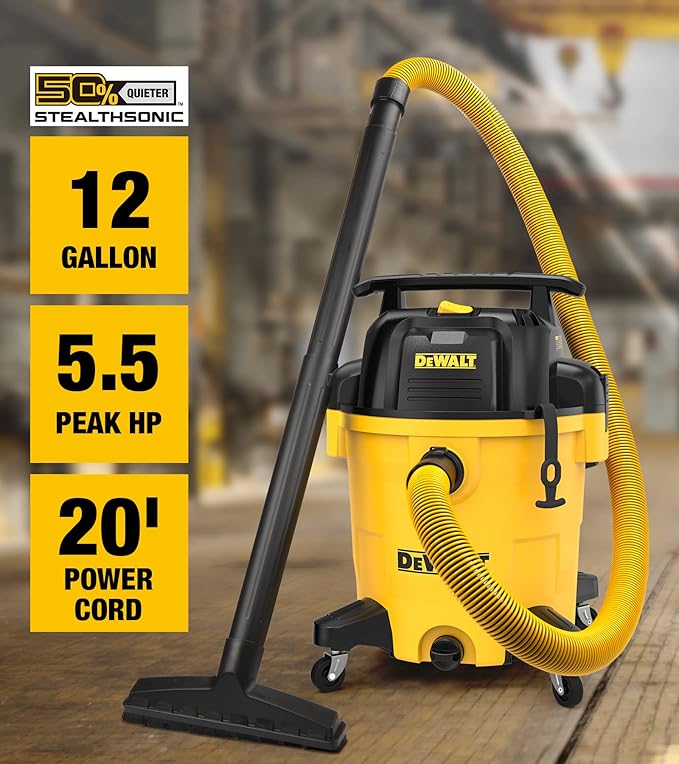 DEWALT 12 Gallon STEALTHSONIC Ultra Quiet Poly Wet Dry Vacuum, DXV12P-QTA Powerful Suction Noise Reduction Vac, 5.5 Peak HP Shop Vacuum for Jobsite/Workshop, Reduce Motor Noise, Yellow