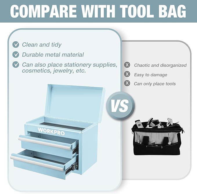 WORKPRO Metal Mini Tool Box, Top Tool Chest Containing Two Drawers with Ball Bearing Slides, PVC Drawer Liners and PP Feet Pads, Durable Cold Rolled Steel Small Toolbox for Multi-Purpose Storage