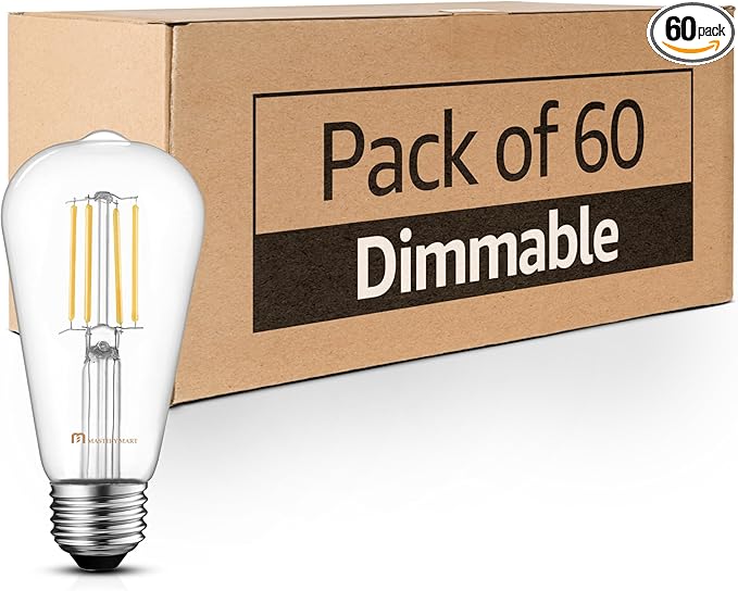 MASTERY MART 60 Pack Vintage LED Edison Bulbs, E26 Led Bulb 5.5W Equivalent to 60W, Dimmable, Soft White 2700K, High Brightness ST58 Antique LED Filament Bulbs, Clear Glass