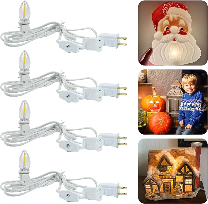 KGC 4 Pack Chainable Accessory Cord with C7 LED Light Bulb, 6 Ft Indoor Blow Mold Light Cord with Male and Female Plugs for Halloween Pumpkins Christmas Village Houses and Craft Projects Decoration