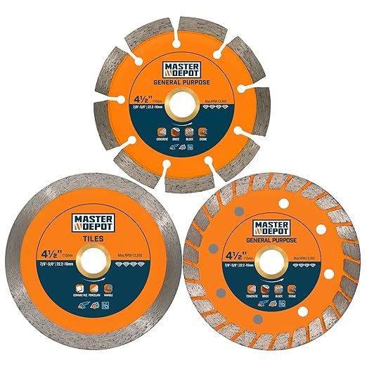 4-1/2" Diamond Blade Set for Concrete, Masonry and Tile Cutting, with Continuous/Segmented/Turbo Rims, for Dry & Wet Cutting with Angle Grinder & Circular Saw, 3 PCS