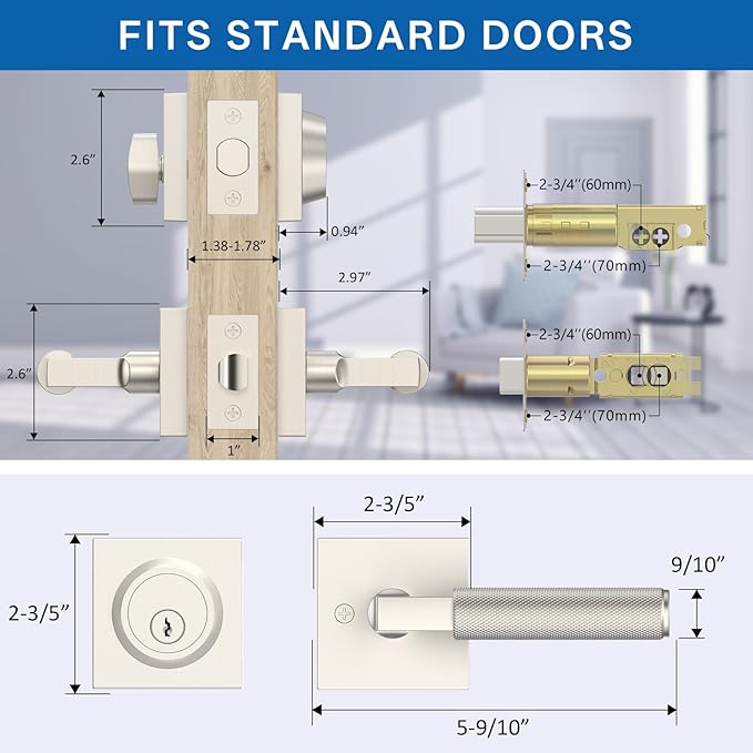 Amerdeco Front Door Lock Set with Double Cylinder Deadbolt, Exterior Entry Door Lever, Heavy Duty Entry Door Locksets for Left or Right Hand Exterior Door（Brushed Satin Nickel 2 Pack）