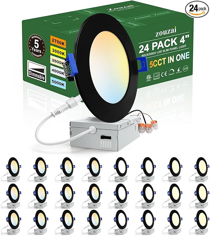 zouzai 24 Pack 4 Inch Black 5CCT Selectable Ultra-Thin LED Recessed Ceiling Light with Junction Box,9W Eqv 80W, Dimmable, led can Lights - ETL and Energy Star Certified