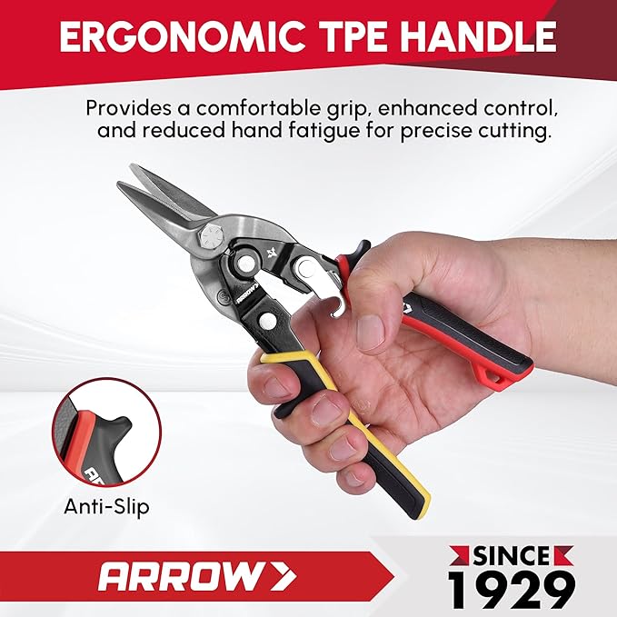 ARROW 8-inch Tin Snips for Cutting Metal Sheet, CR-V Steel Aviation Snips, High Leverage Labor-saving Metal Cutter, Straight Cut