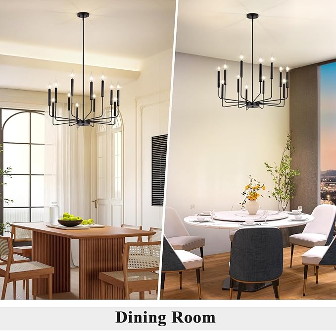 Qamra Modern Farmhouse Black Chandelier for Dining Room, 12-Light Candle Chandelier Light Fixture, Rustic Industrial Hanging Chandeliers Lighting for Living Room, Kitchen, Staircase, Entryway, Foyer