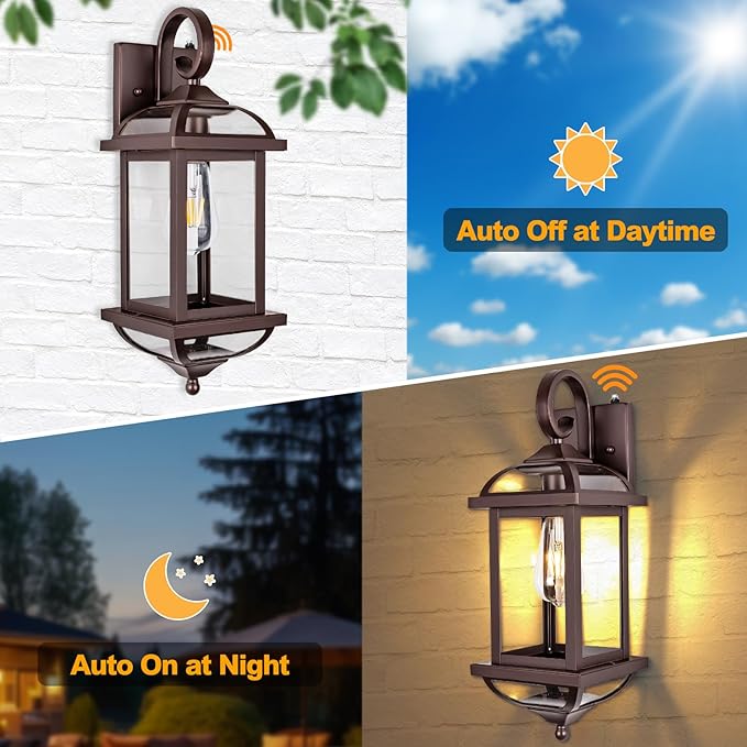 18” Bronze Outdoor Light Fixtures with Dusk to Dawn Sensor 2-Pack, Anti-Rust Aluminum Brown Outside Lights for House Enclosed Bottom Exterior Lighting Scones IP65 Waterproof Wall Lanterns