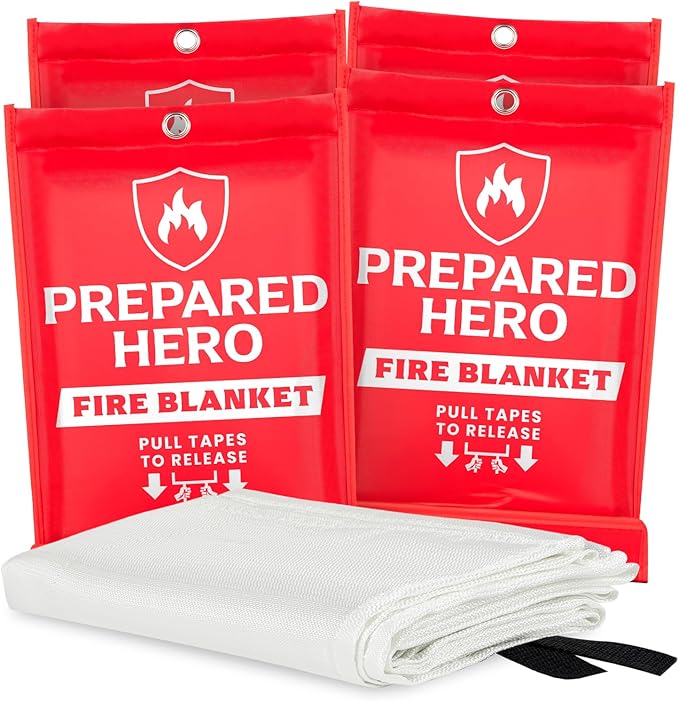 Prepared Hero Emergency Fire Blanket - 4 Pack - Fire Suppression for Kitchen, 40” x 40” Fiberglass Fire Blanket for Home