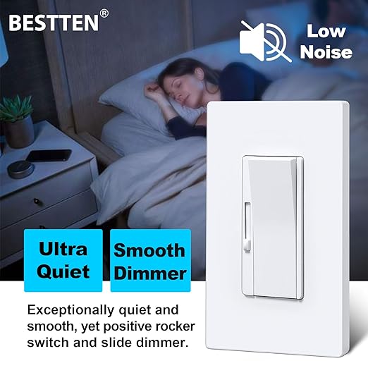 BESTTEN Super Slim Dimmer Light Switch, Quiet Rocker, Max 300W LED, CFL, 600W Incandescent, Single Pole or 3 Way Dimmable Switch with Screwless Wallplate, ETL Listed, 3 Pack, White