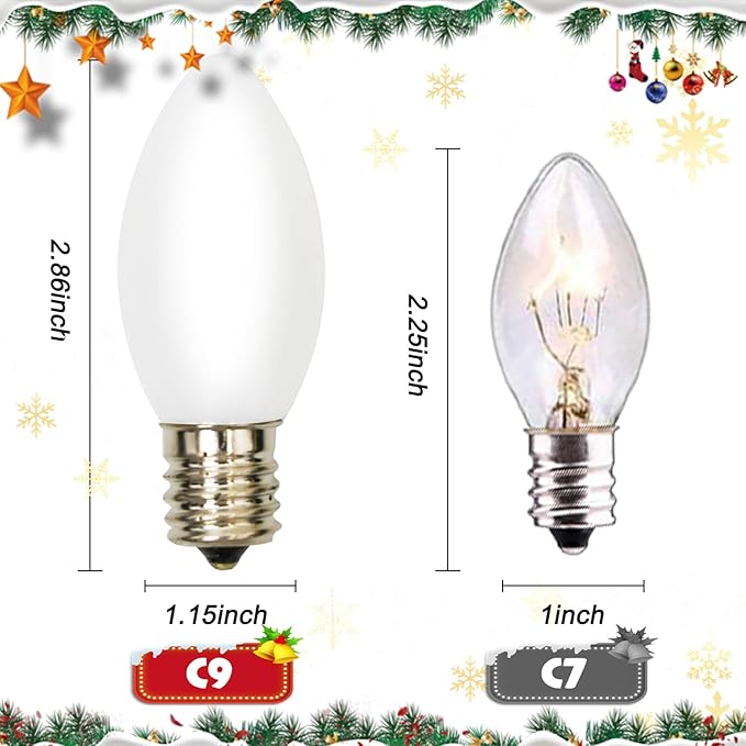 25 Pack White Christmas Light Bulbs,C9/E17 Base 7 Watt Glass Incandescent White Replacement Bulbs for Night Light,Christmas Candle Light Bulbs Great for Outdoor Indoor Holiday Christmas String Lights