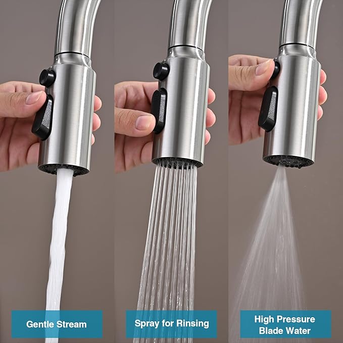 Metal Kitchen Faucet Head Replacement, 3-Function Pull Down Spray Head for Kitchen Faucet, High Pressure Sink Spray Nozzle with 9 Adapters Compatible with Most Faucets, Brushed Nickel